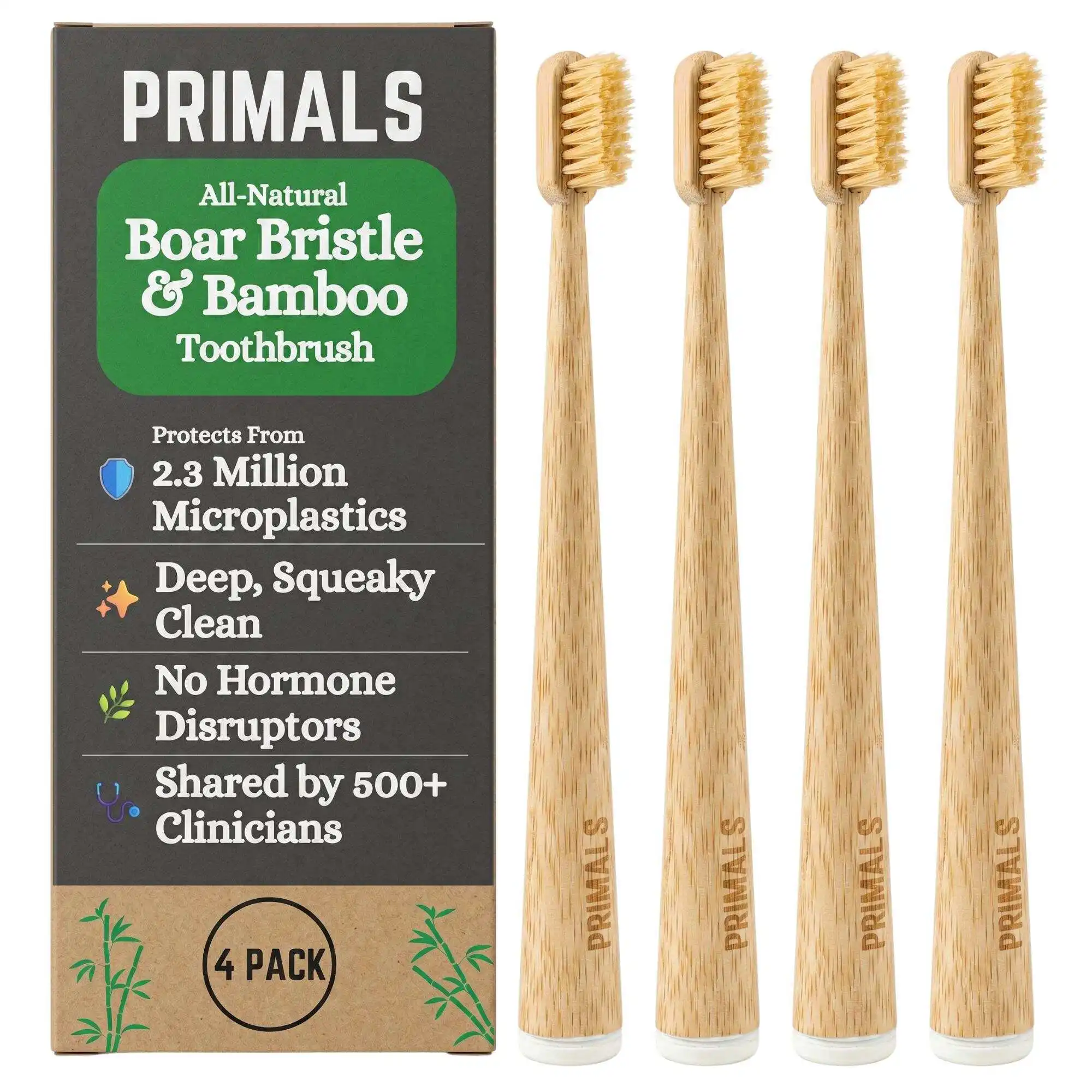 4Pcs Premium Natural Boar Bris - Bamboo Toothbrush recension och pris